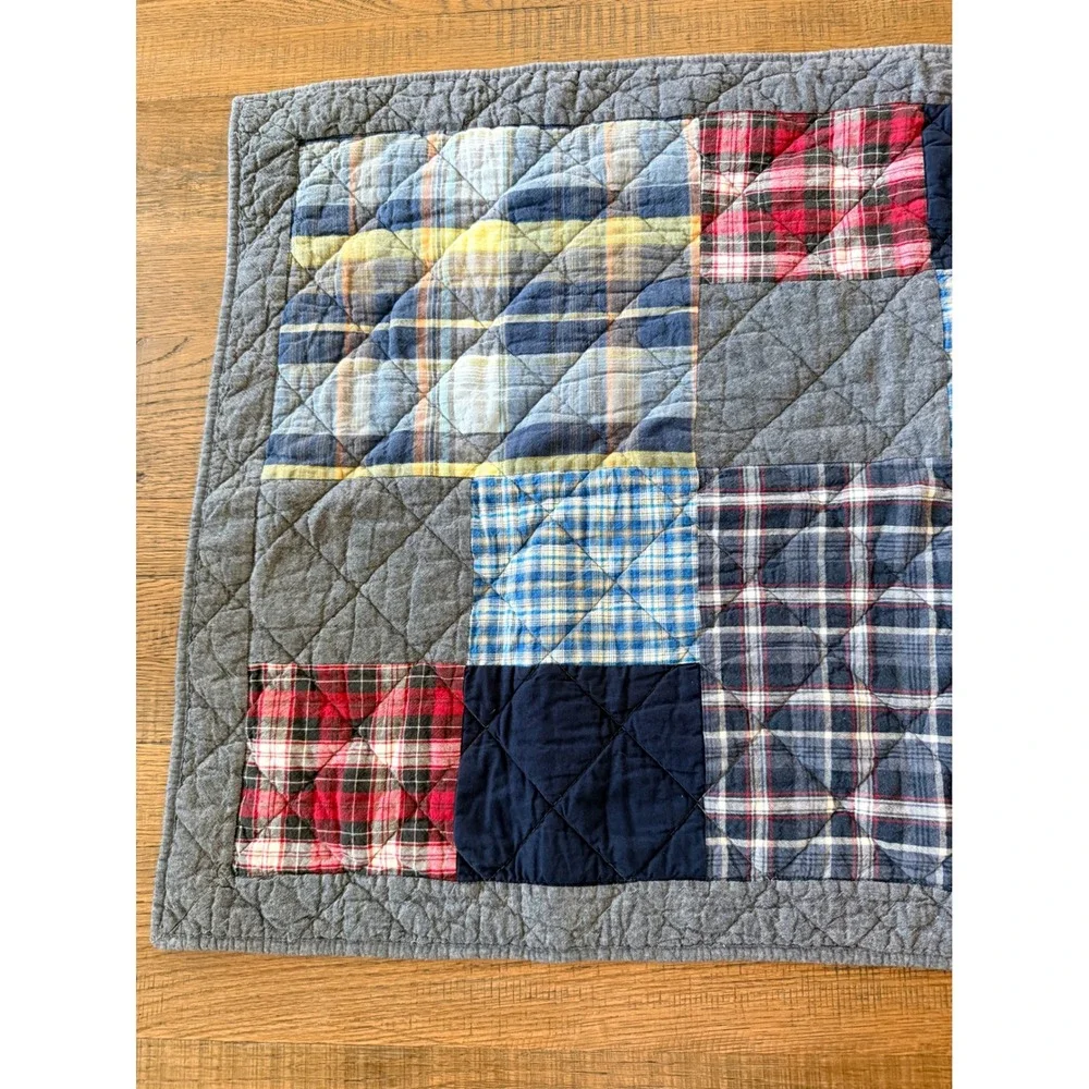 Cremieux Blaine King Pillow Sham Quilted Patchwork Plaid Blue Red Grey Cotton